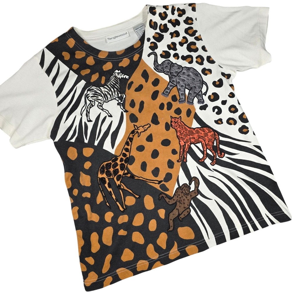 Vintage Tanglewood Safari Beaded Animal Print Zebra Giraffe Leopard Shirt Medium